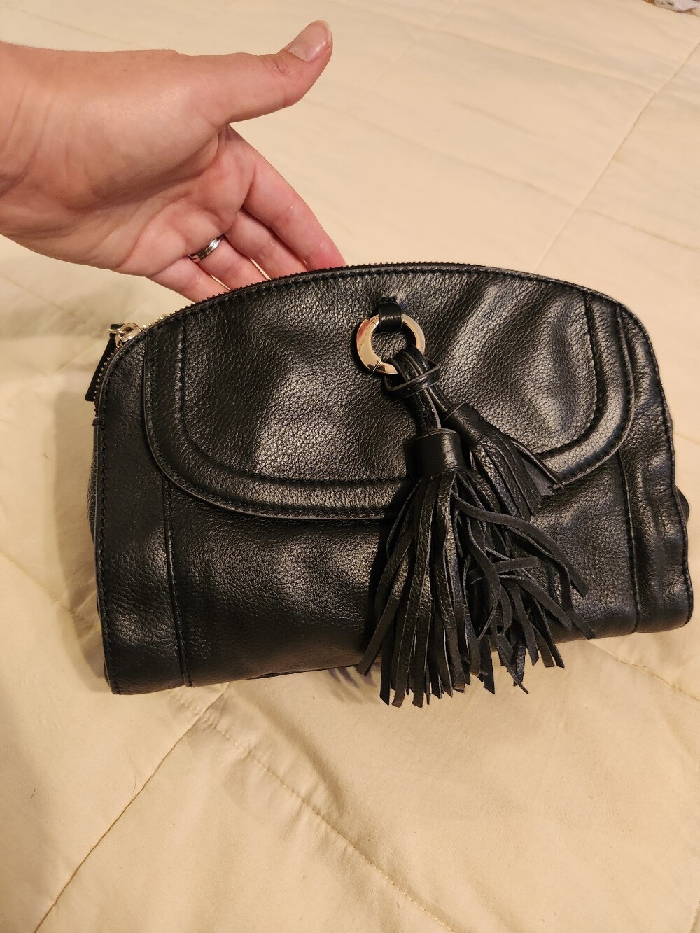 B. Makowsky Handbag, Black Leather Fringe Tassel Shoulder Bag, Purse, Gold Tone